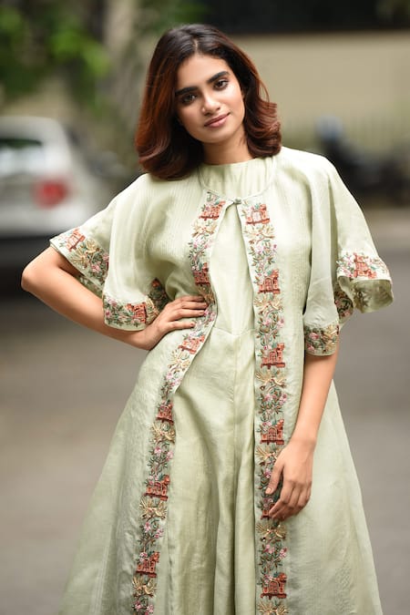 Shop_Vara By Vibha N Priti_Green Organza, Munga Silk Round Jumpsuit With Jacket _Online_at_Aza_Fashions