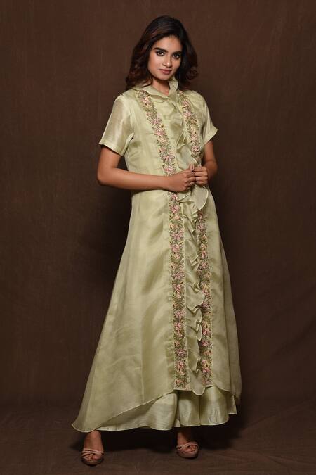 Vara By Vibha N Priti_Green Silk, Organza Round Jumpsuit With Jacket _Online_at_Aza_Fashions
