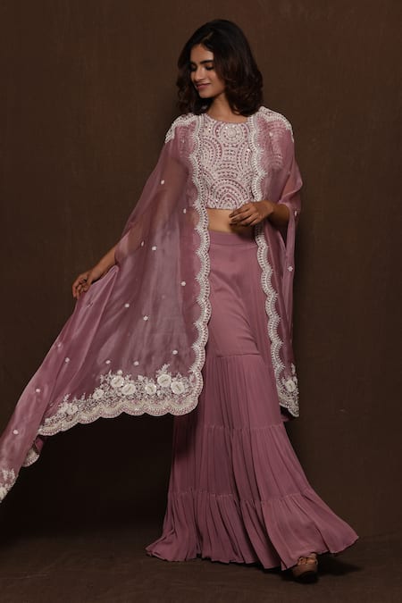 Vara By Vibha N Priti_Pink Organza, Chiffon Crop Top Round Cape Open Embroidered And Sharara Set _Online_at_Aza_Fashions