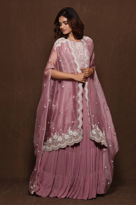 Buy_Vara By Vibha N Priti_Pink Organza, Chiffon Crop Top Round Cape Open Embroidered And Sharara Set _Online_at_Aza_Fashions