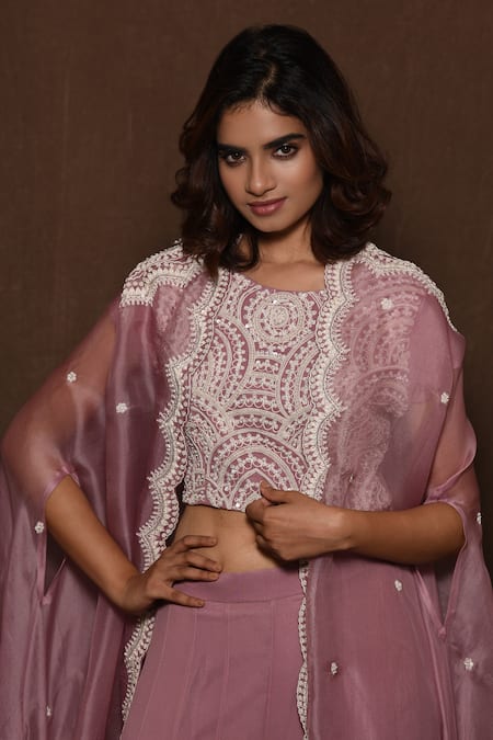 Shop_Vara By Vibha N Priti_Pink Organza, Chiffon Crop Top Round Cape Open Embroidered And Sharara Set _Online_at_Aza_Fashions