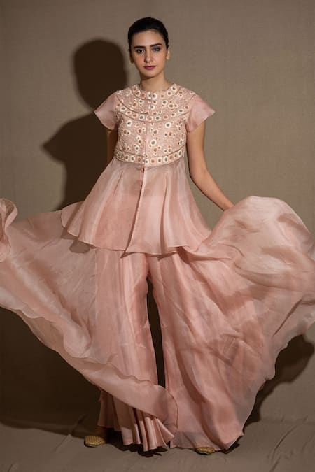 Shop Vara By Vibha N Priti Pink Organza Embroidered Kurta And Palazzo Set Online at Aza Fashions Shop_Vara By Vibha N Priti_Pink Organza Embroidered Kurta And Palazzo Set _Online_at_Aza_Fashions