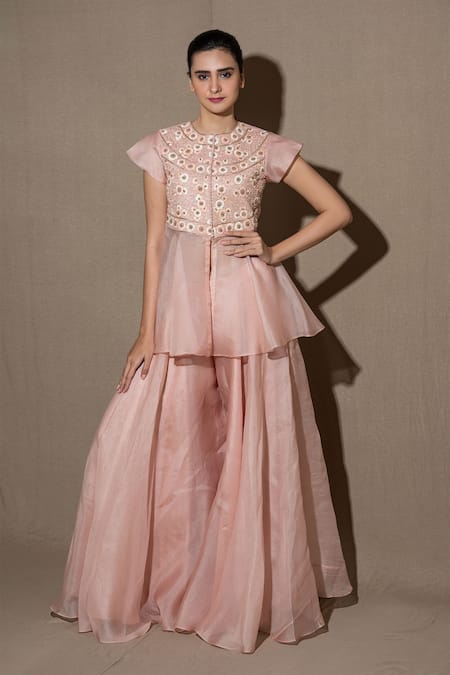 Vara By Vibha N Priti Pink Organza Embroidered Kurta And Palazzo Set Online at Aza Fashions Vara By Vibha N Priti_Pink Organza Embroidered Kurta And Palazzo Set _Online_at_Aza_Fashions