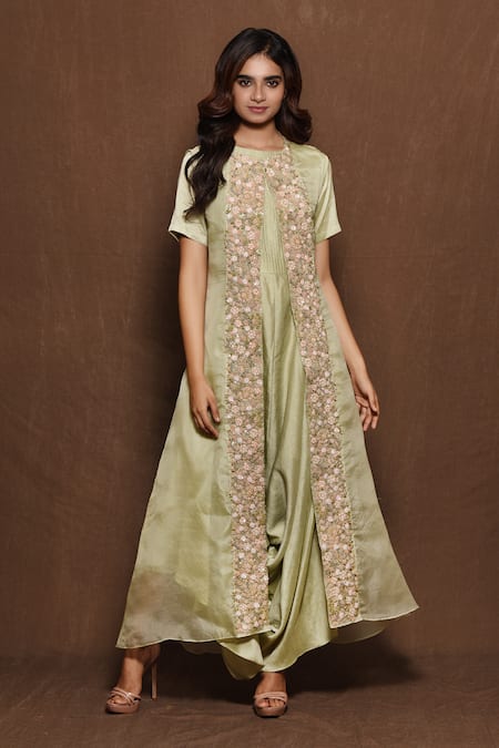 Vara By Vibha N Priti Green Silk, Organza Round Jumpsuit With Jacket 