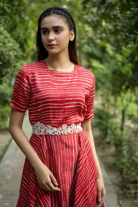 Shop_Vara By Vibha N Priti_Red Silk Chanderi Cowl Jumpsuit With Belt _Online_at_Aza_Fashions