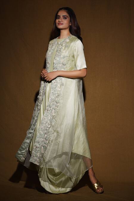 Buy_Vara By Vibha N Priti_Green Organza, Munga Silk Round Jumpsuit With Jacket _Online_at_Aza_Fashions