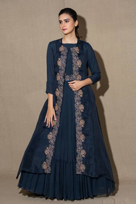 Vara By Vibha N Priti_Blue Organza, Chiffon Pleated Gown With Embroidered Jacket _Online_at_Aza_Fashions