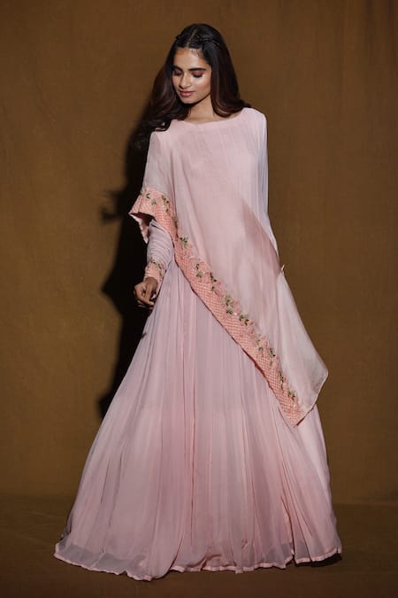 Vara By Vibha N Priti Pink Organza, Chiffon Round Draped Anarkali Gown 