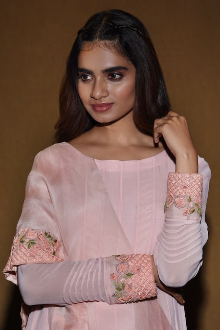 Shop_Vara By Vibha N Priti_Pink Organza, Chiffon Round Draped Anarkali Gown _Online_at_Aza_Fashions