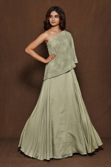 Vara By Vibha N Priti_Green Georgette, Munga Silk One Shoulder Top And Lehenga _Online_at_Aza_Fashions