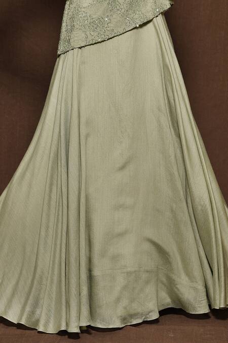 Buy_Vara By Vibha N Priti_Green Georgette, Munga Silk One Shoulder Top And Lehenga _Online_at_Aza_Fashions