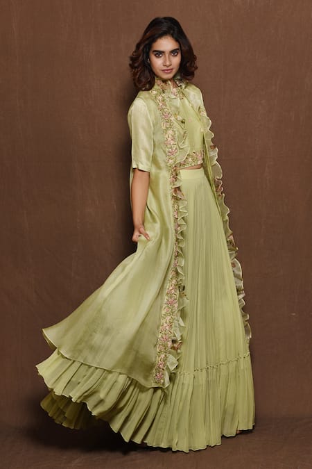 Vara By Vibha N Priti_Green Organza, Chiffon Cape Open Blouse Round Embroidered And Lehenga Set _Online_at_Aza_Fashions