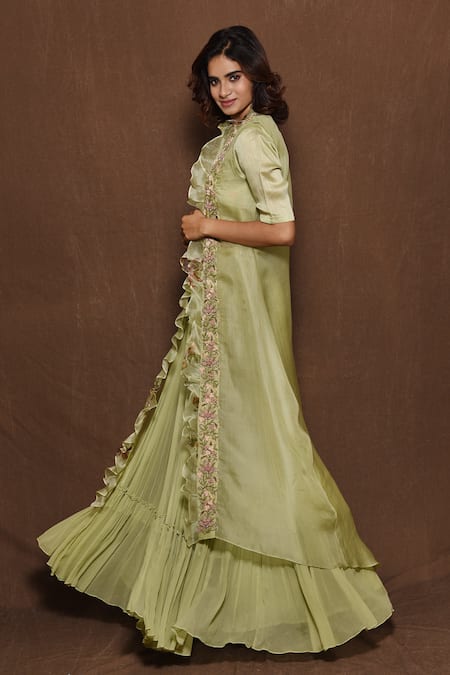 Buy_Vara By Vibha N Priti_Green Organza, Chiffon Cape Open Blouse Round Embroidered And Lehenga Set _Online_at_Aza_Fashions