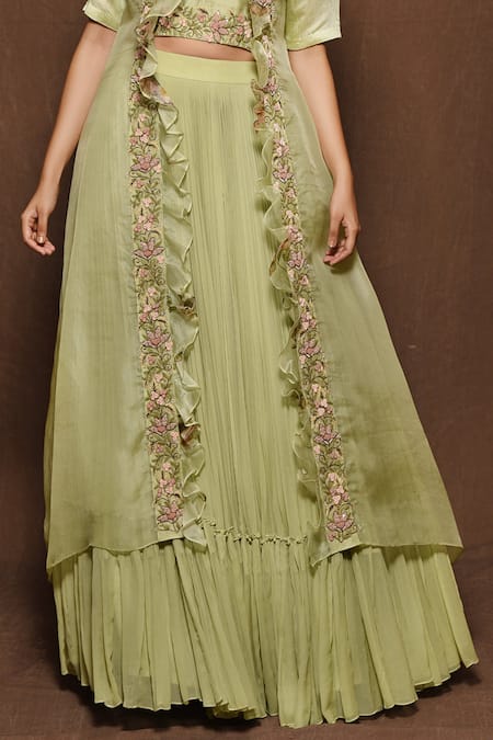 Shop_Vara By Vibha N Priti_Green Organza, Chiffon Cape Open Blouse Round Embroidered And Lehenga Set _Online_at_Aza_Fashions