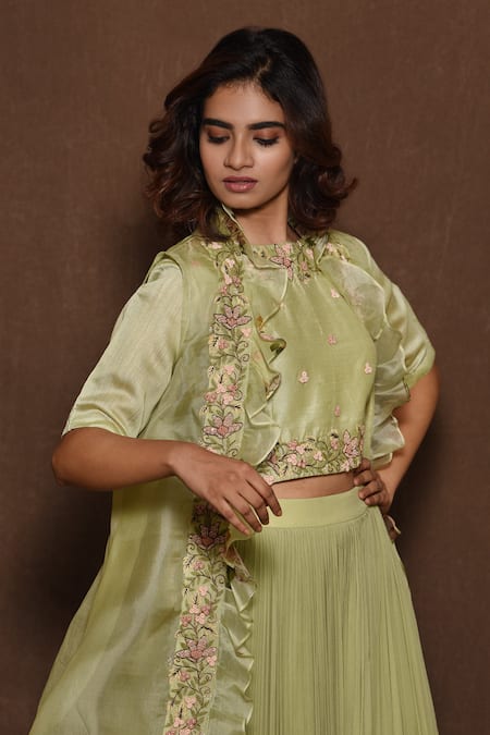 Vara By Vibha N Priti_Green Organza, Chiffon Cape Open Blouse Round Embroidered And Lehenga Set _at_Aza_Fashions