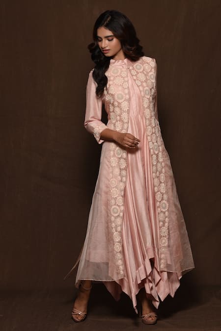 Buy Pink Silk Embroidery Cape Round Dress Asymmetric And Jacket