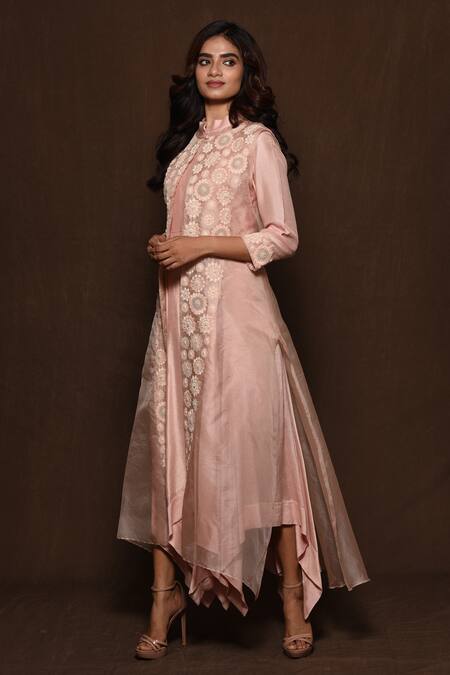 Buy_Vara By Vibha N Priti_Pink Silk, Organza Cape Round Dress Mandarin Collar Asymmetric And Jacket Set _Online_at_Aza_Fashions