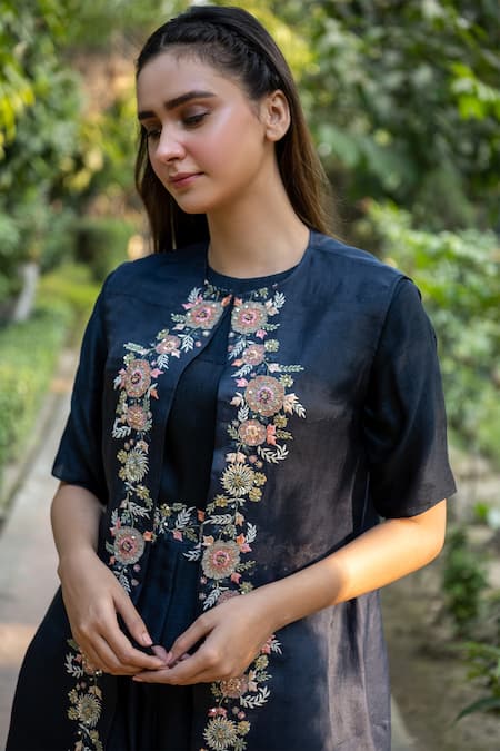 Shop_Vara By Vibha N Priti_Blue Silk Chanderi Striped Jumpsuit And Printed Jacket Set _Online_at_Aza_Fashions