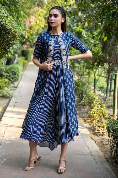 Vara By Vibha N Priti_Blue Silk Chanderi Striped Jumpsuit And Printed Jacket Set _Online_at_Aza_Fashions