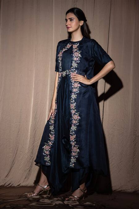 Buy_Vara By Vibha N Priti_Blue Silk, Organza Jumpsuit And Jacket Set _Online_at_Aza_Fashions
