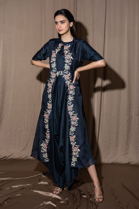 Vara By Vibha N Priti Blue Silk, Organza Jumpsuit And Jacket Set