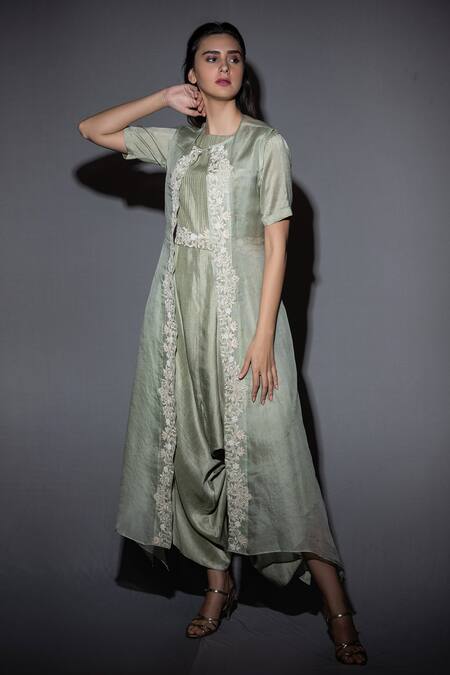 Vara By Vibha N Priti Green Silk, Organza Jumpsuit And Jacket Set Online at Aza Fashions Vara By Vibha N Priti_Green Silk, Organza Jumpsuit And Jacket Set _Online_at_Aza_Fashions
