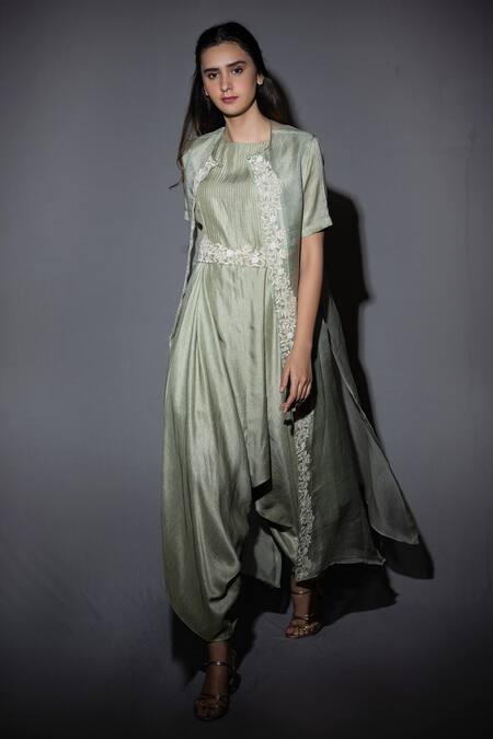 Buy Vara By Vibha N Priti Green Silk, Organza Jumpsuit And Jacket Set Online at Aza Fashions Buy_Vara By Vibha N Priti_Green Silk, Organza Jumpsuit And Jacket Set _Online_at_Aza_Fashions