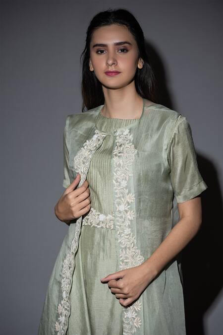 Shop Vara By Vibha N Priti Green Silk, Organza Jumpsuit And Jacket Set Online at Aza Fashions Shop_Vara By Vibha N Priti_Green Silk, Organza Jumpsuit And Jacket Set _Online_at_Aza_Fashions