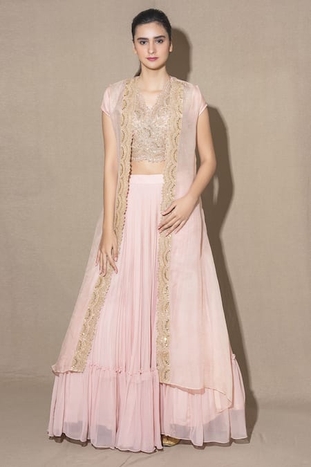 Vara By Vibha N Priti_Pink Organza, Chiffon Embroidered Jacket Lehenga Set _Online_at_Aza_Fashions
