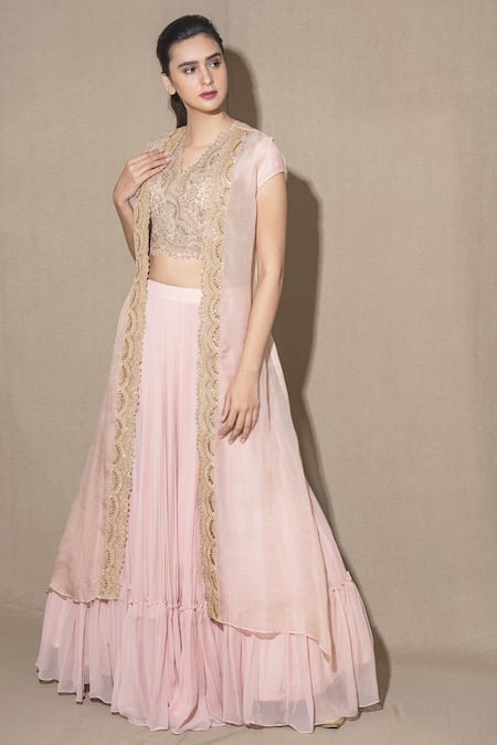 Shop_Vara By Vibha N Priti_Pink Organza, Chiffon Embroidered Jacket Lehenga Set _Online_at_Aza_Fashions