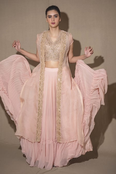 Buy_Vara By Vibha N Priti_Pink Organza, Chiffon Embroidered Jacket Lehenga Set _Online_at_Aza_Fashions