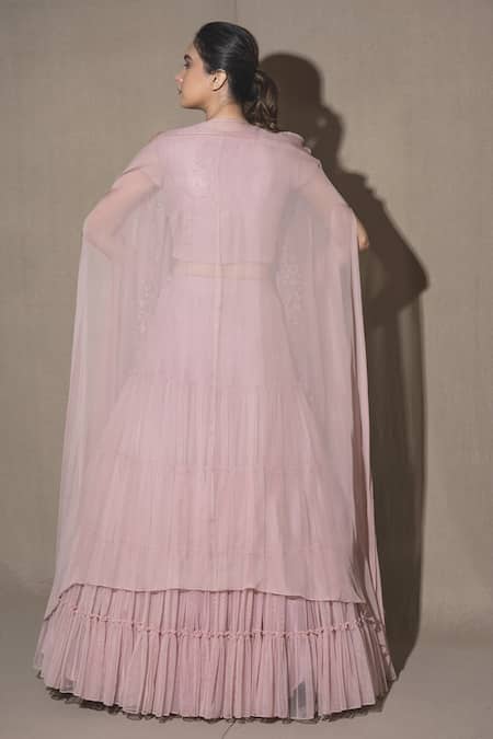 Shop Vara By Vibha N Priti Pink Chiffon Embroidered Cape Lehenga Set at Aza Fashions Shop_Vara By Vibha N Priti_Pink Chiffon Embroidered Cape Lehenga Set _at_Aza_Fashions