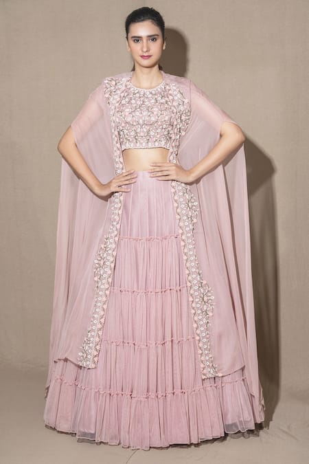 Vara By Vibha N Priti Pink Chiffon Embroidered Cape Lehenga Set Online at Aza Fashions Vara By Vibha N Priti_Pink Chiffon Embroidered Cape Lehenga Set _Online_at_Aza_Fashions