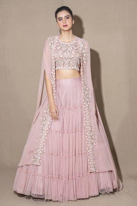Buy Vara By Vibha N Priti Pink Chiffon Embroidered Cape Lehenga Set Online at Aza Fashions Buy_Vara By Vibha N Priti_Pink Chiffon Embroidered Cape Lehenga Set _Online_at_Aza_Fashions