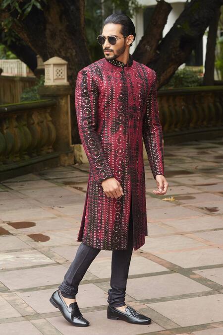 Vikram Phadnis Maroon Sequins Fabric Embroidered Thread Work Tie And Dye Sherwani Set