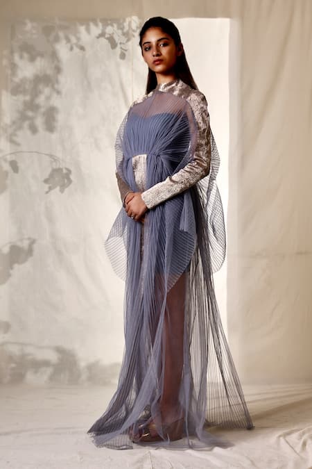 Vivek Patel_Blue Tulle Round Flared Gown _Online_at_Aza_Fashions