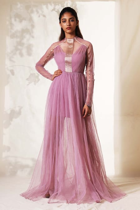 Vivek Patel Purple Tulle Round Pleated Gown