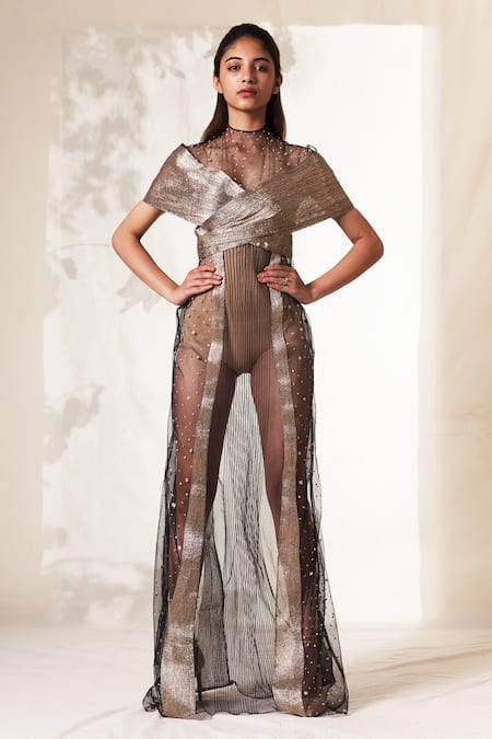 Vivek Patel Black Tulle High Neck Embroidered Gown