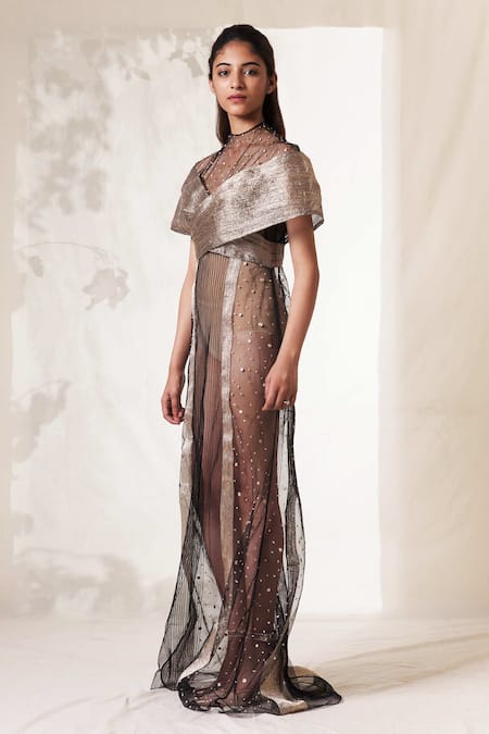 Shop Vivek Patel Black Tulle High Neck Embroidered Gown at Aza Fashions Shop_Vivek Patel_Black Tulle High Neck Embroidered Gown_at_Aza_Fashions