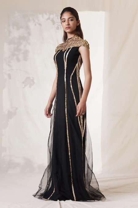 Vivek Patel Black Viscose Crepe High Neck Embroidered Gown
