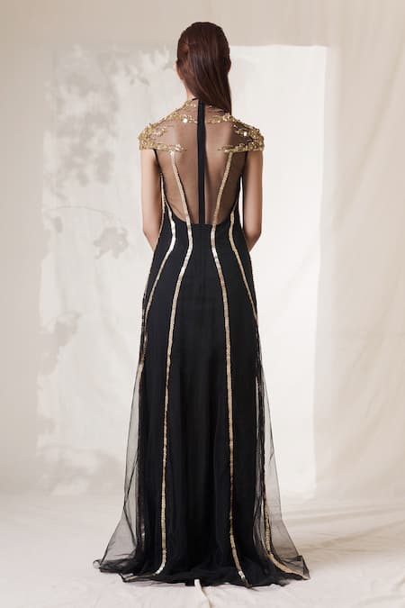 Shop Vivek Patel Black Viscose Crepe High Neck Embroidered Gown at Aza Fashions Shop_Vivek Patel_Black Viscose Crepe High Neck Embroidered Gown_at_Aza_Fashions