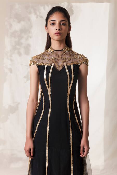 Vivek Patel Black Viscose Crepe High Neck Embroidered Gown Online at Aza Fashions Vivek Patel_Black Viscose Crepe High Neck Embroidered Gown_Online_at_Aza_Fashions