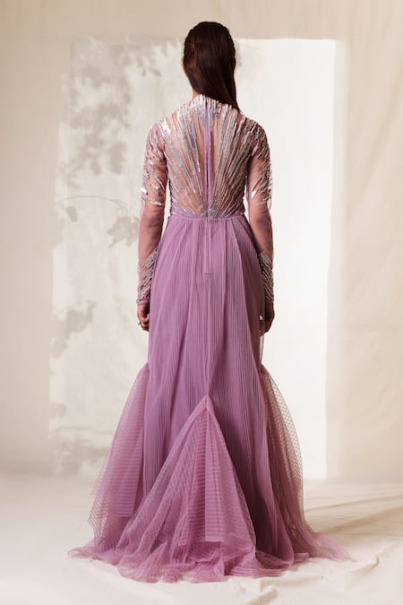 Shop Vivek Patel Purple Tulle High Neck Embroidered Gown at Aza Fashions Shop_Vivek Patel_Purple Tulle High Neck Embroidered Gown_at_Aza_Fashions