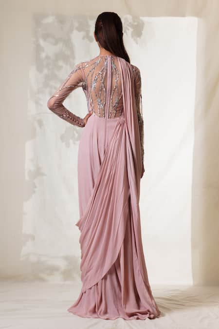 Shop Vivek Patel Pink Viscose Crepe Round Embroidered Saree Gown at Aza Fashions Shop_Vivek Patel_Pink Viscose Crepe Round Embroidered Saree Gown_at_Aza_Fashions