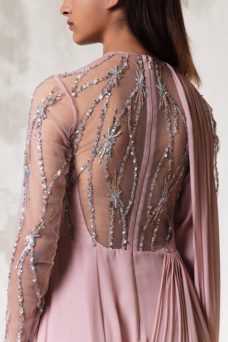 Vivek Patel Pink Viscose Crepe Round Embroidered Saree Gown Online at Aza Fashions Vivek Patel_Pink Viscose Crepe Round Embroidered Saree Gown_Online_at_Aza_Fashions