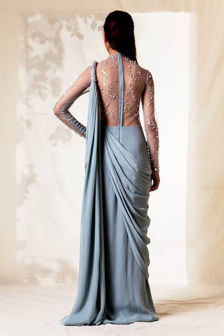 Shop_Vivek Patel_Blue Viscose Crepe Round Embroidered Saree Gown _at_Aza_Fashions