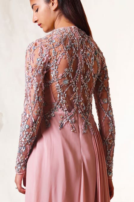 Vivek Patel Pink Viscose Crepe Round Embroidered Draped Gown Online at Aza Fashions Vivek Patel_Pink Viscose Crepe Round Embroidered Draped Gown _Online_at_Aza_Fashions