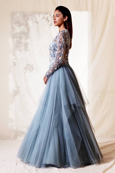 Vivek Patel_Blue Tulle Round Flared Gown_Online_at_Aza_Fashions