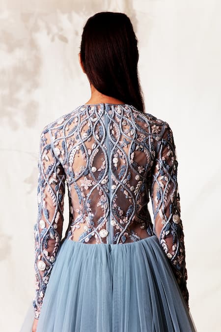Shop_Vivek Patel_Blue Tulle Round Flared Gown_Online_at_Aza_Fashions