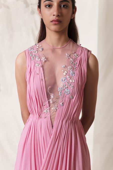 Vivek Patel_Pink Viscose Georgette Round Pleated Draped Gown_Online_at_Aza_Fashions